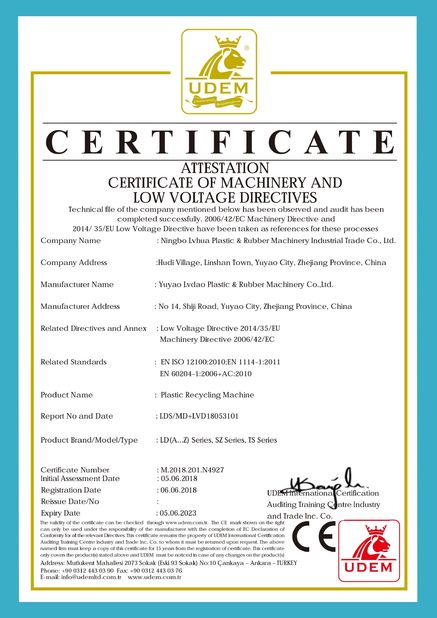 چین NINGBO LVHUA PLASTIC &amp; RUBBER MACHINERY INDUSTRIAL TRADE CO.,LTD. گواهینامه ها